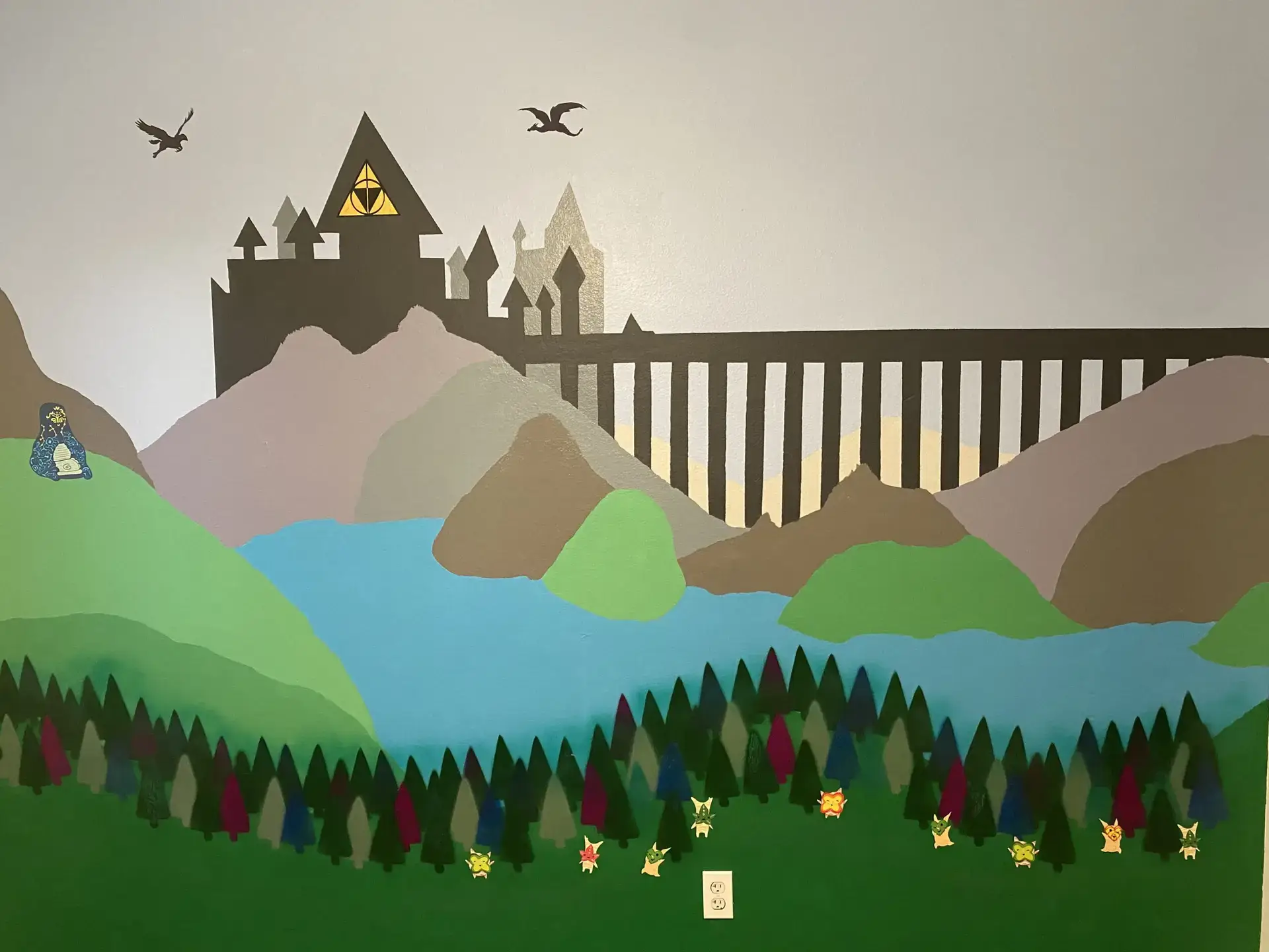 Enchanting wall mural showcasing a castle nestled within a rolling hills and mystical forest landscape